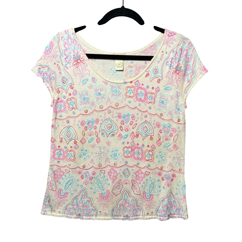 Vintage Y2K Sigrid Olsen Silk‎ Cotton Embroidered Knit Top Pink Blue Floral M